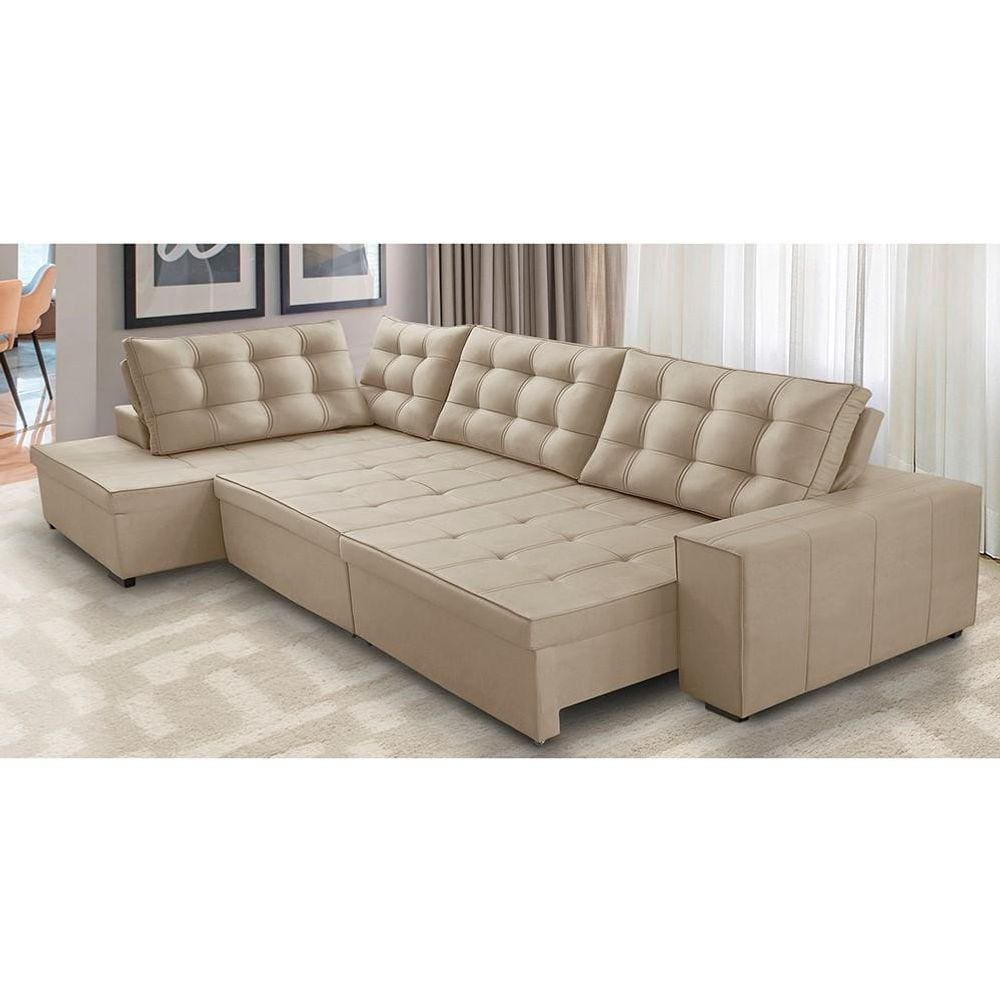 Sofá de Canto Retrátil e Reclinável com Molas 3,00x2,00 Esq Jacke Suede Bege Adonai Estofados