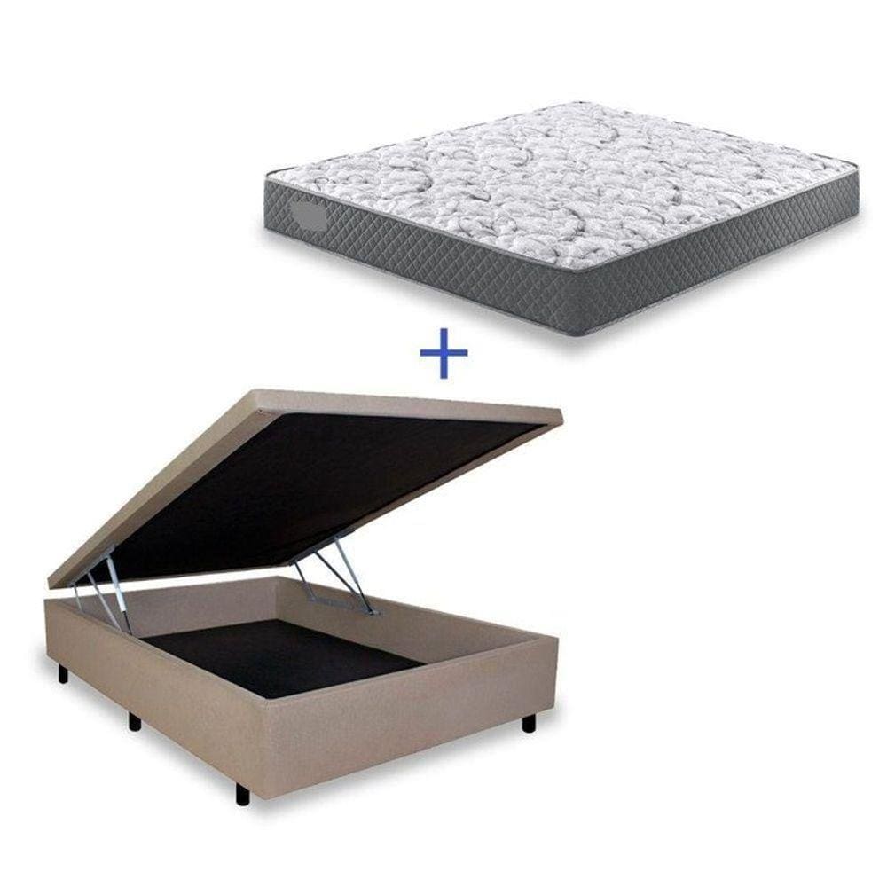 Cama Box Baú Casal Conforto Suede Bege + Colchão Casal Conforto Espuma D33 Com EPS 17x138x188
