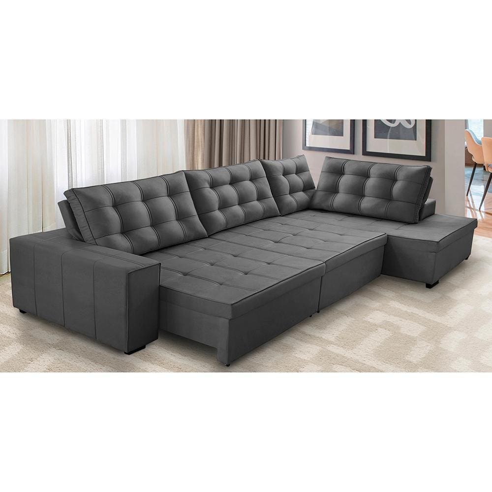 Sofá de Canto Retrátil e Reclinável com Molas 3,40x2,00 Jacke Suede Cinza Adonai Estofados