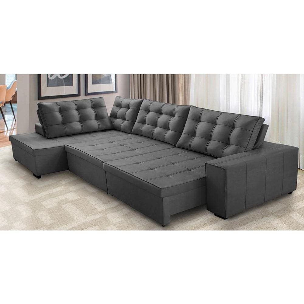 Sofá de Canto Retrátil e Reclinável com Molas 3,40x2,00 Esq Jacke Suede Cinza Adonai Estofados