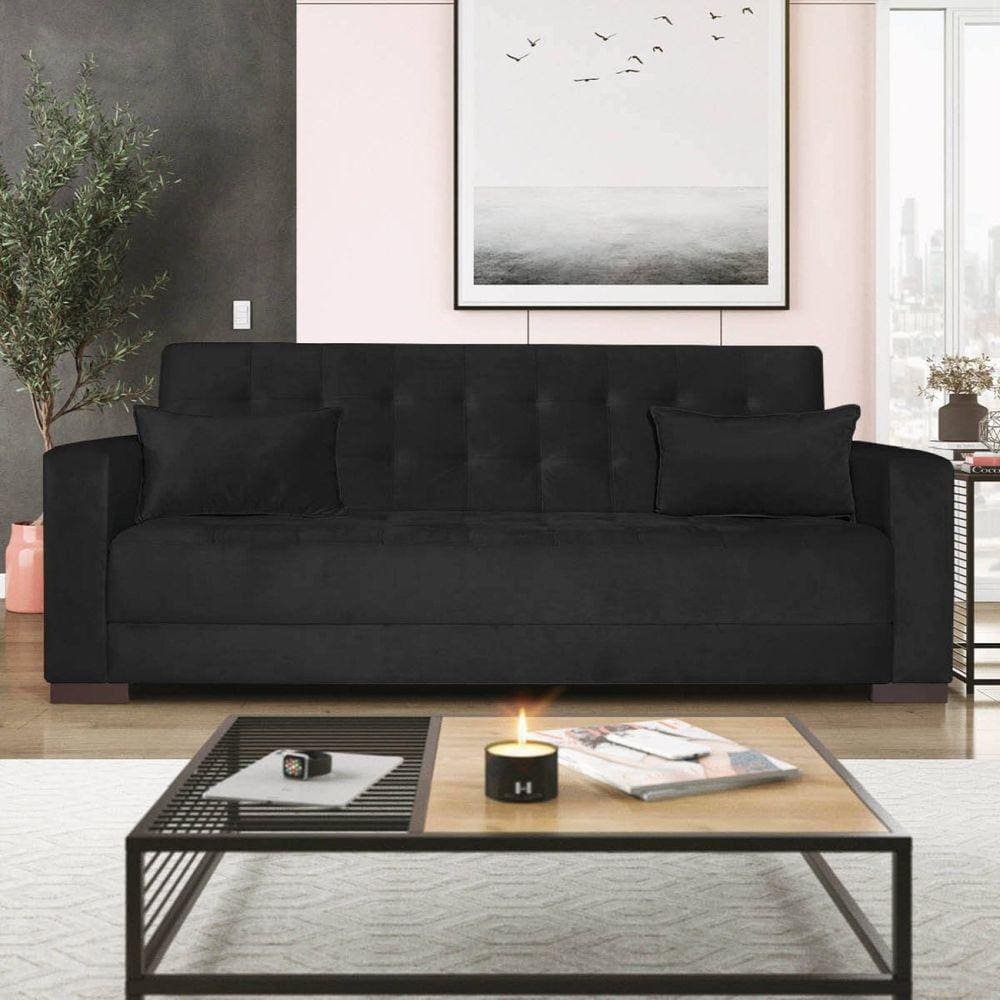 Sofá Cama 3 Lugares Suede Ipanema Preto