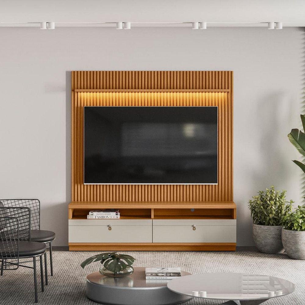 Rack com Painel para TV de até 75 Polegadas 2 Gavetas Ouro Preto Linea Brasil