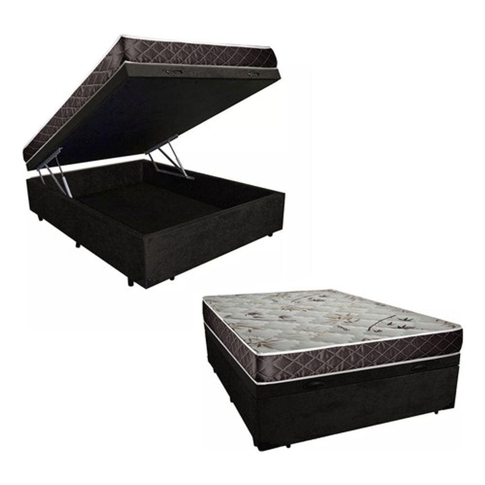 Cama Box Baú Casal Resistence Suede Preto + Colchão Casal Resistence Espuma D33  14x138x188
