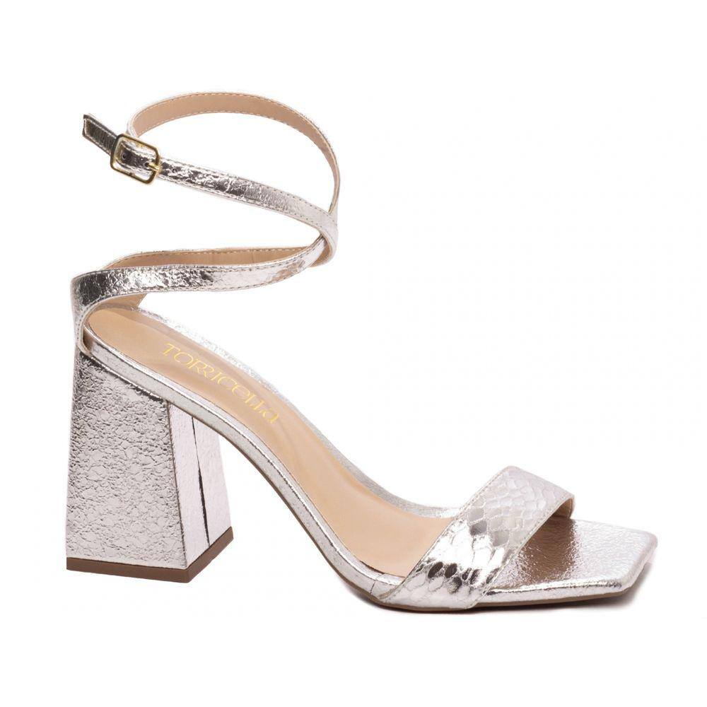 Sandália Feminina Salto Grosso Bloco Metal Prata Branco Torricella