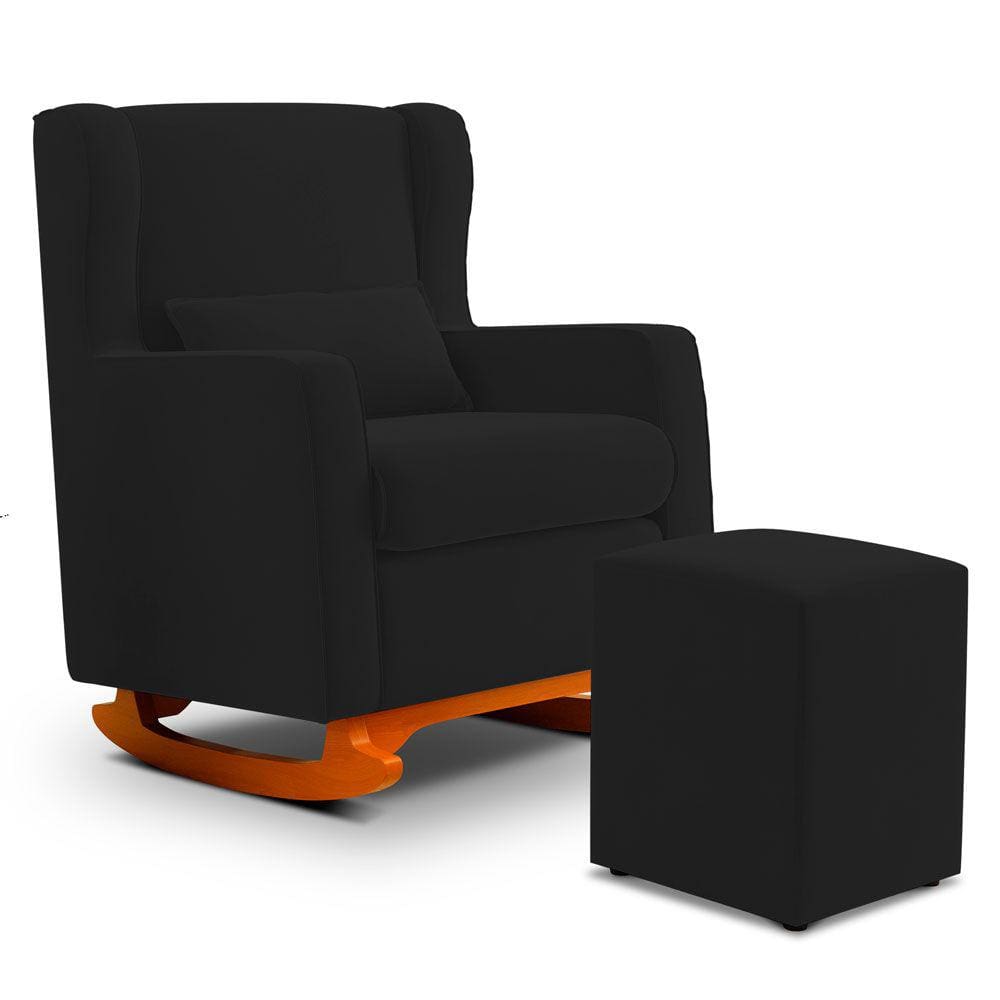 Poltrona de Amamentação e Descanso Zoe com Base Balanço e Puff Suede Preto - Desk Design