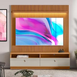 Rack com Painel para TV até 75 Polegadas com LED 2 Nichos 2 Gavetas Ouro Preto Linea Brasil Nature/Off White