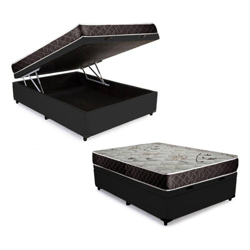 Cama Box Baú Casal Conforto Sintético Preto + Colchão Casal Conforto Espuma D33  20x138x188