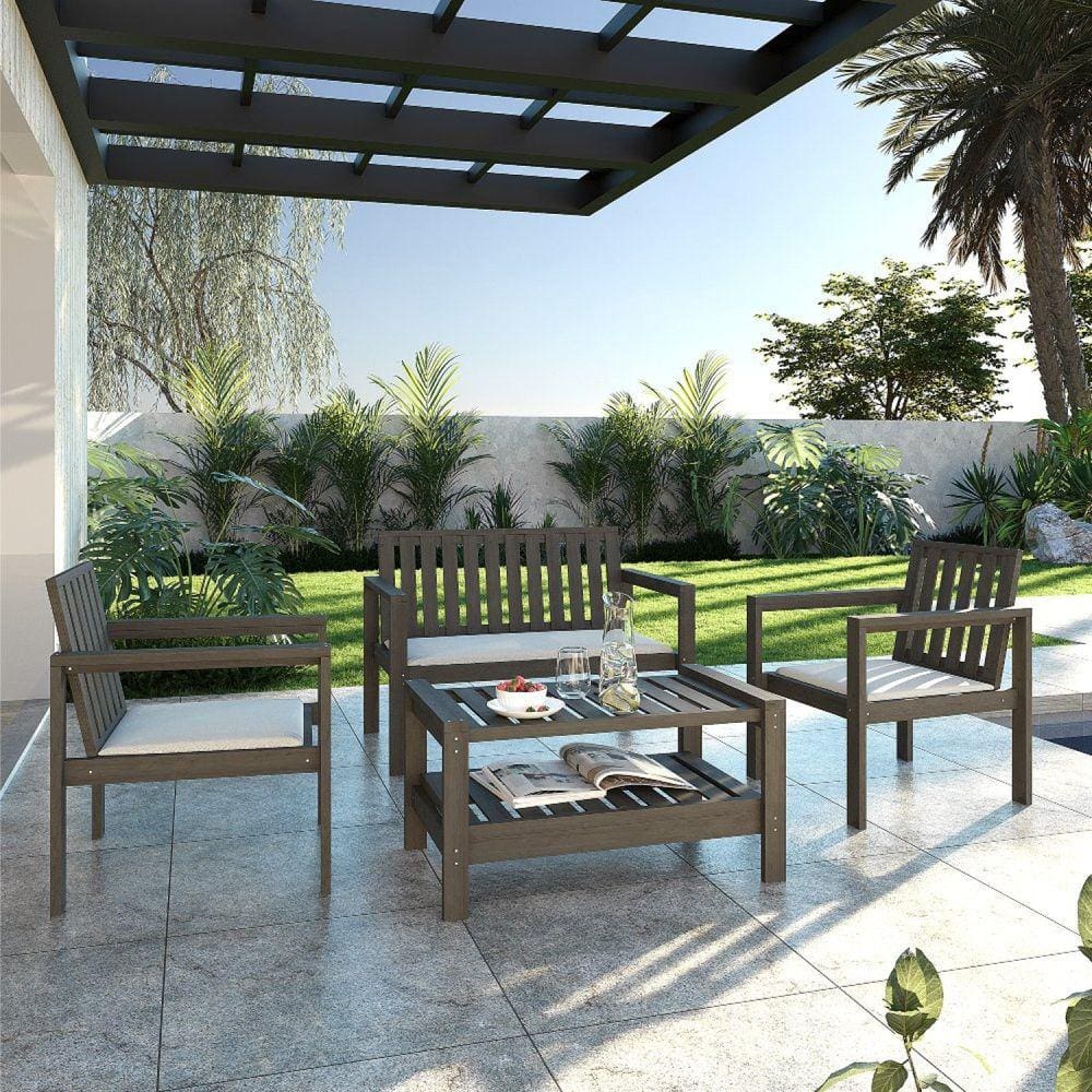 Conjunto 2 Poltronas, Banco 2 Lugares com Almofadas e Mesa Orquídea Nogueira