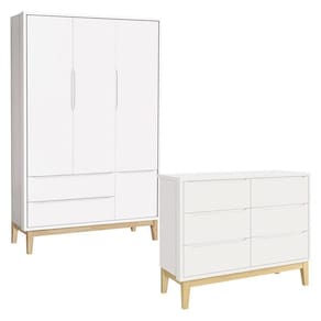 Cômoda 6 Gavetas e Guarda Roupa 3 Portas New Classic Branco com Pés Madeira Natural - Reller