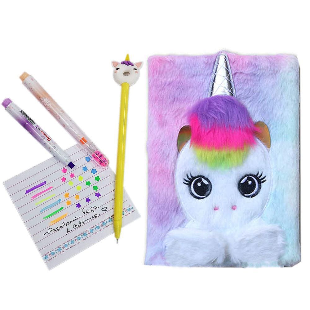 Papelaria Fofa Kit: Caderno Pelúcia Capa Dura + 1 Caneta Divertida + 2 Marca Textos