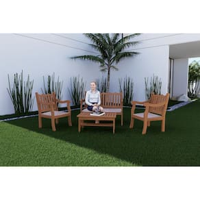 Conjunto Para Jardim Curvato de Madeira Eucalipto 4 Peças Estofado Bege Amadeirado/ Bege