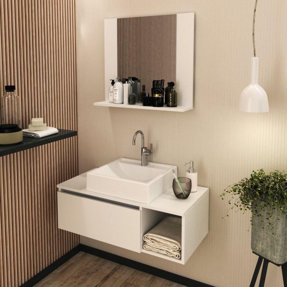Conjunto Suspenso para Banheiro com Espelheira 80cm Branco