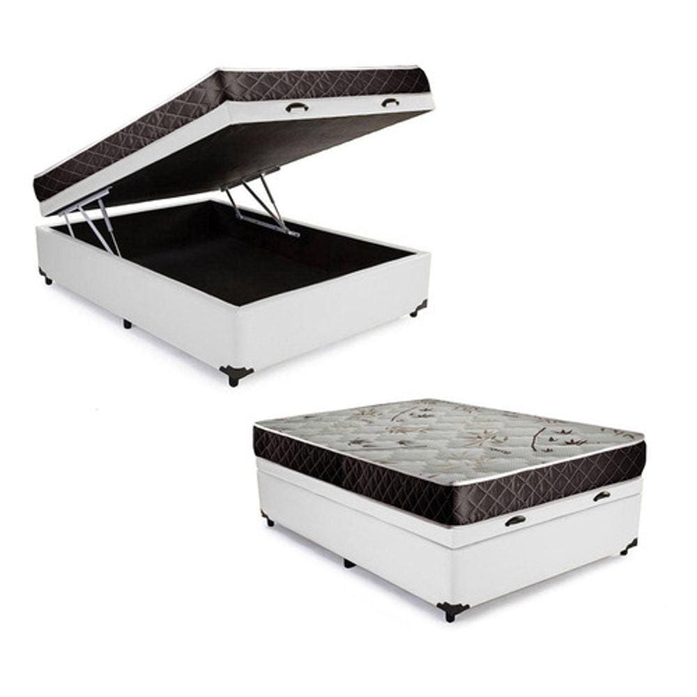 Cama Box Baú Casal Conforto Sintético Branco + Colchão Casal Conforto Espuma D23 14x138x188