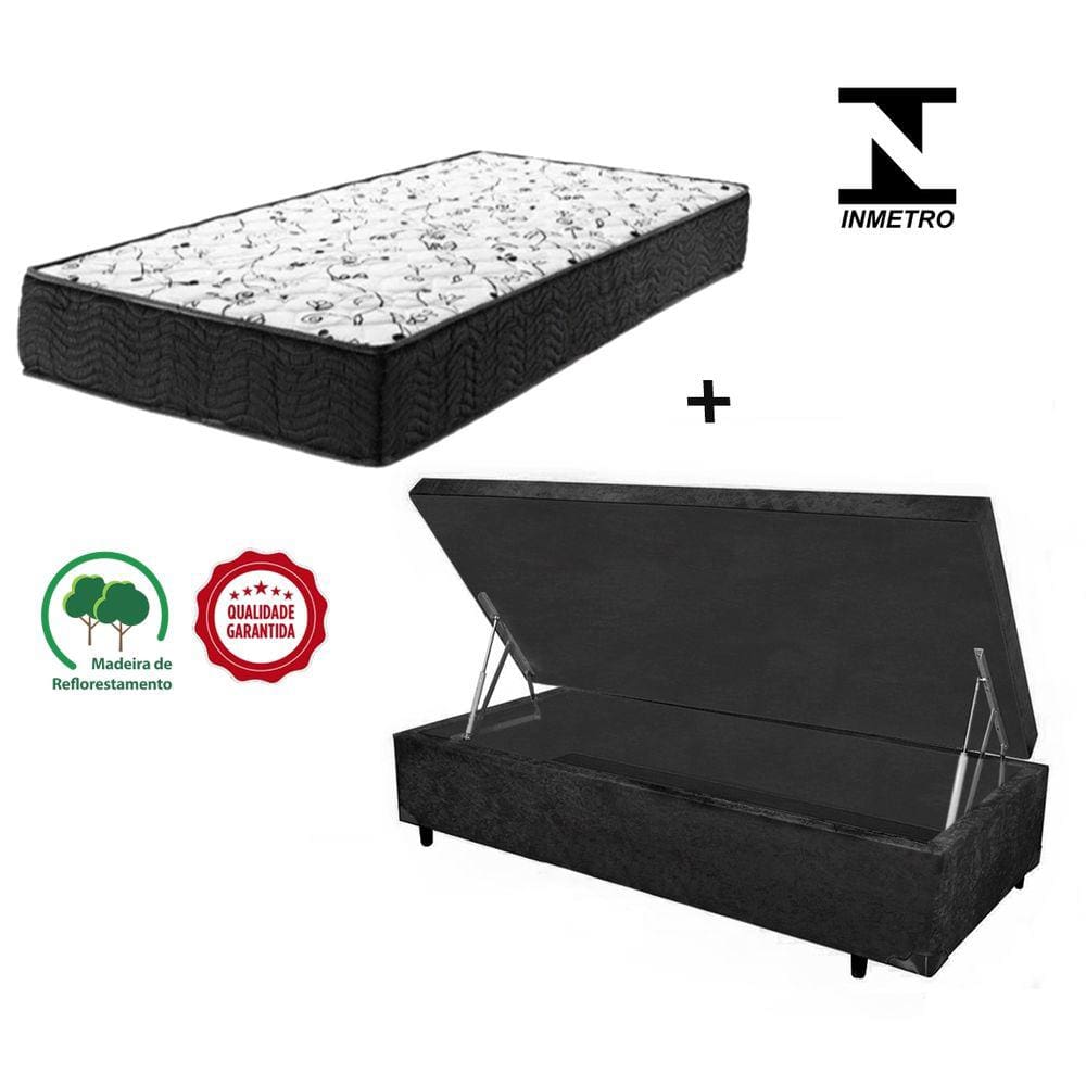 Cama Box Baú Solteiro Resistence Suede Preto + Colchão Solteiro Resistence Espuma D33 24x88x188