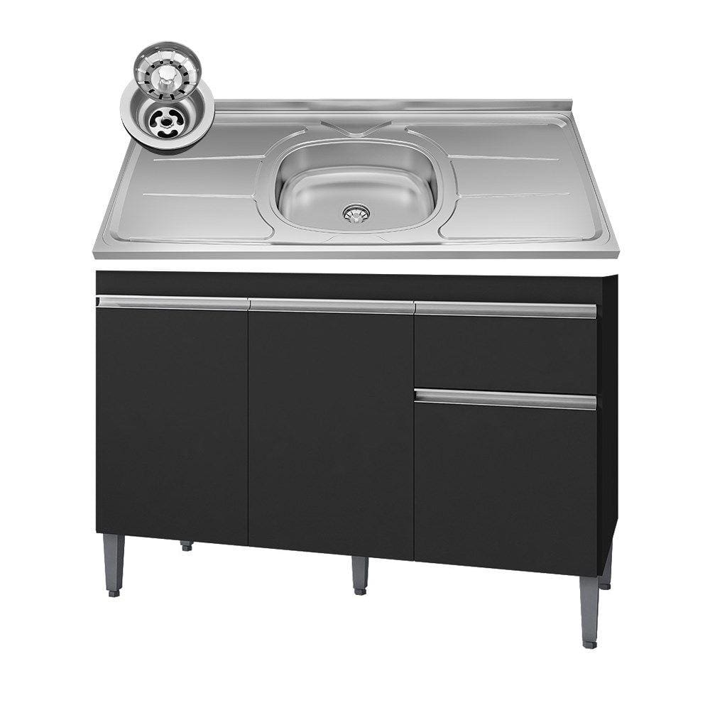 Balcão Gabinete Com Pia Inox 120cm 3 Portas e 1 Gaveta Tatiane Preto - AJL Móveis