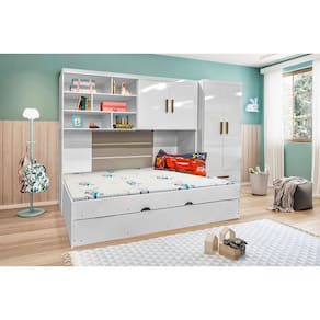 Quarto Infantil Chiara Guarda Roupa De 2 Portas + Modulo Aéreo + Cama + Auxiliar - Phoenix