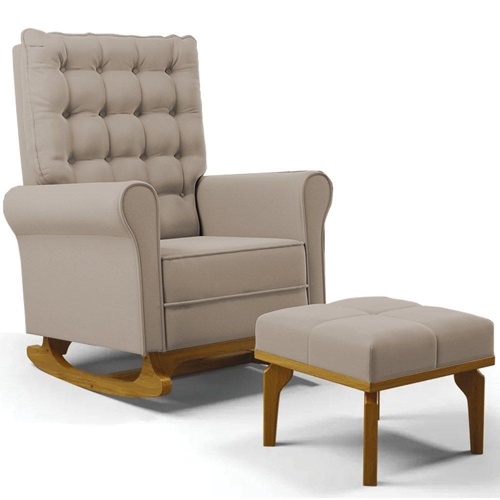 Poltrona de Amamentação Balanço e Puff Base de Madeira Brenda G05 Veludo Bege - Mpozenato