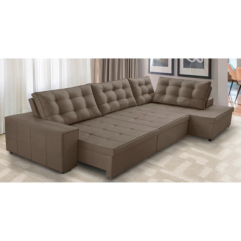Sofá de Canto Retrátil e Reclinável com Molas 3,40x2,00 Jacke Suede Cappuccino Adonai Estofados