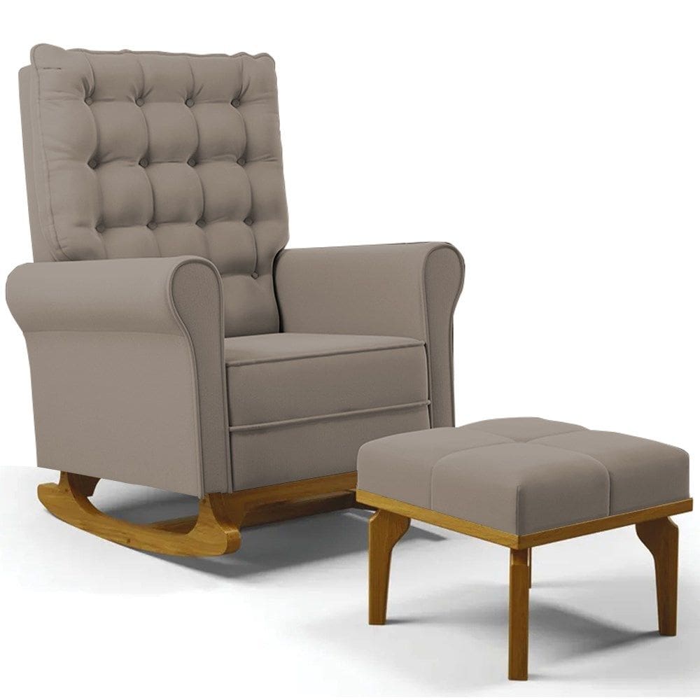 Poltrona de Amamentação Balanço e Puff Base de Madeira Brenda G05 Veludo Areia - Mpozenato
