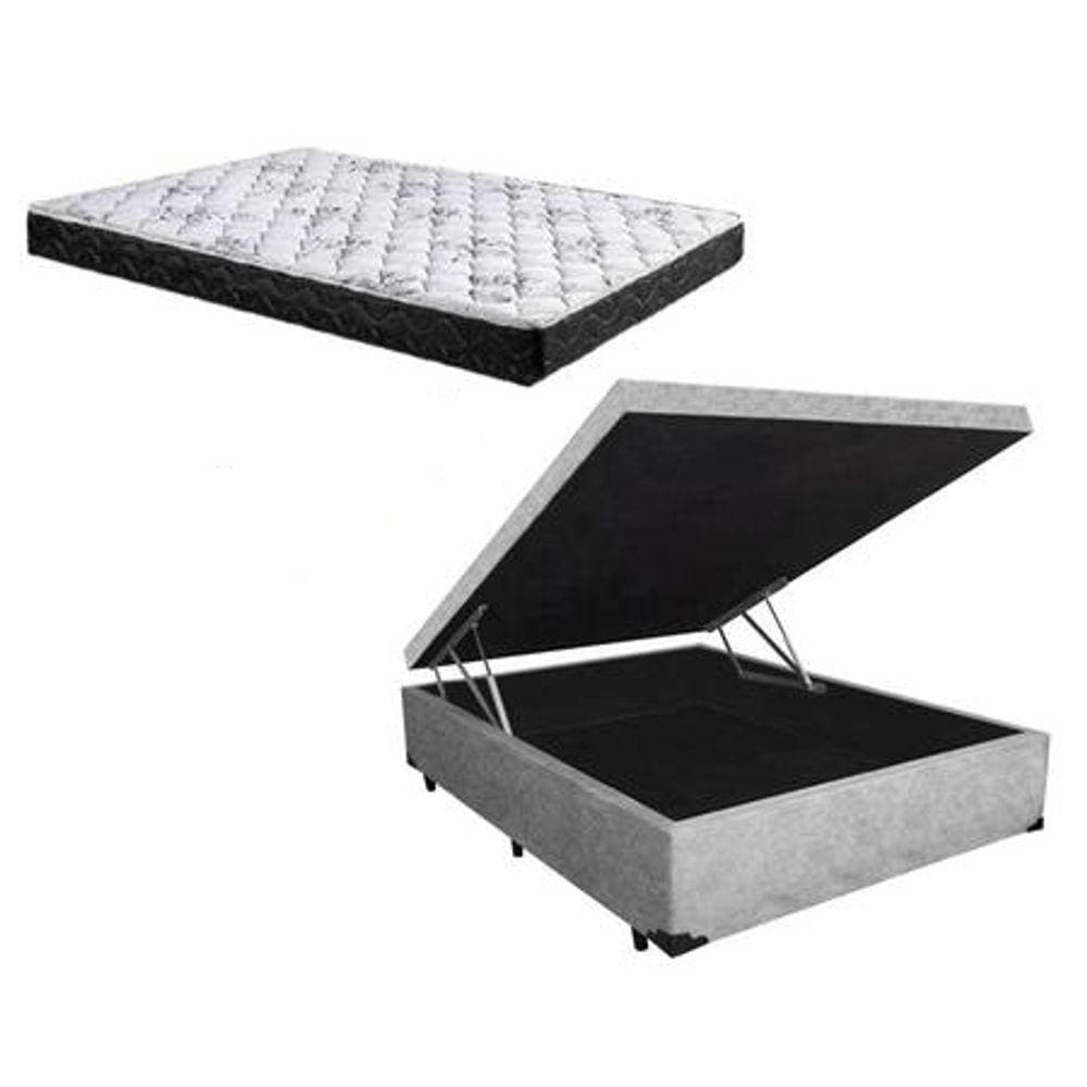 Cama Box Baú Casal Conforto Suede Cinza + Colchão Casal Conforto Espuma D33 Com EPS 24x138x188