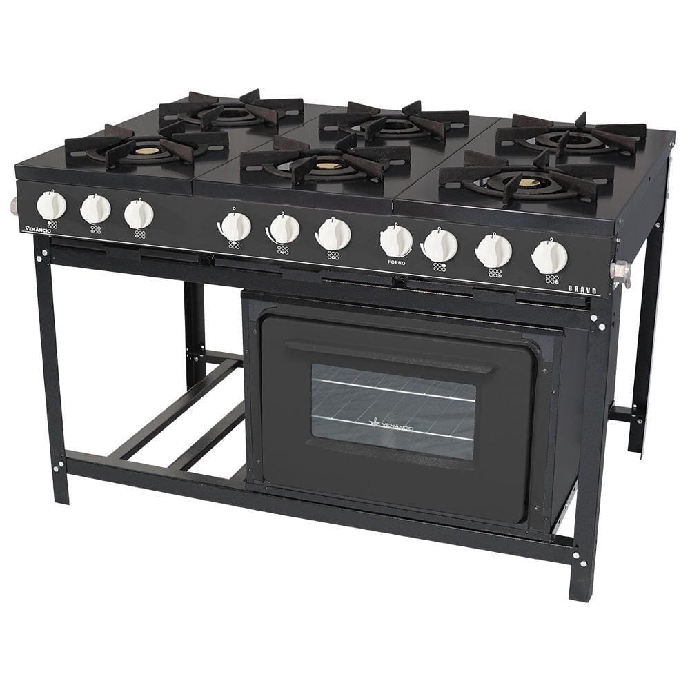 Fogão Profissional Venâncio 6 Bocas Linha Bravo com Forno Preto BR6BFPR