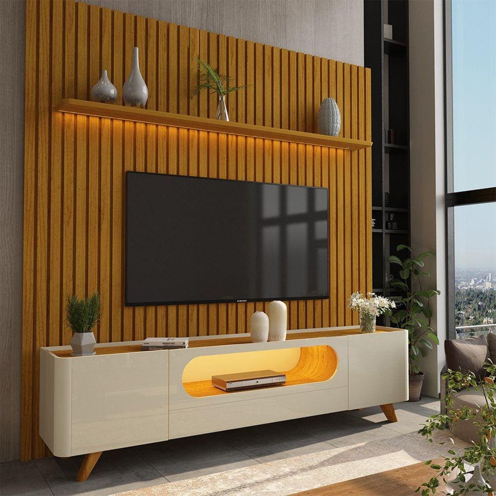 Rack com Painel Ripado para TV até 85 Polegadas 1 Gaveta 2 Portas 1 Prateleira com LED 230cm Nobre Marromle/Off White