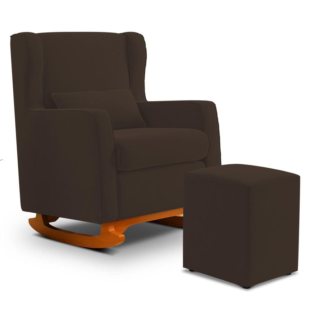 Poltrona de Amamentação e Descanso Zoe com Base Balanço e Puff Suede Marrom - Desk Design