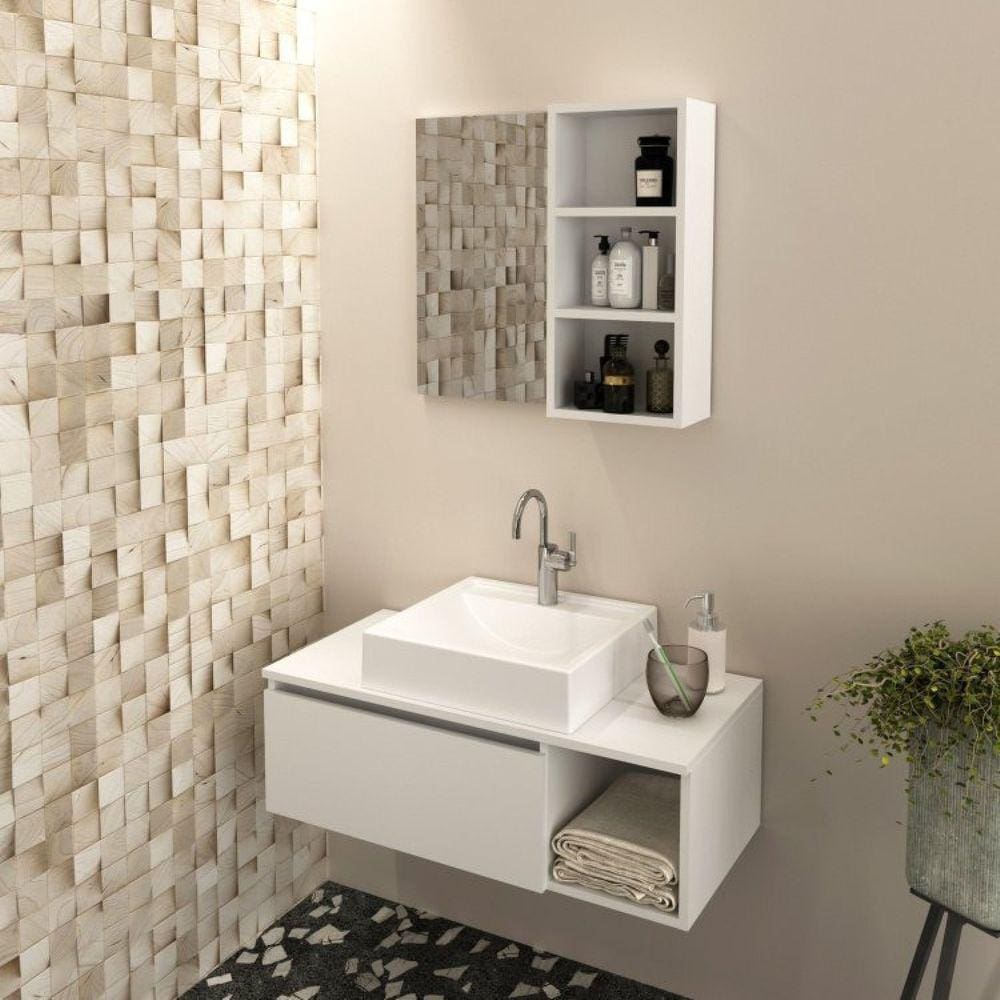 Conjunto Suspenso para Banheiro com Espelheira 80cm Branco
