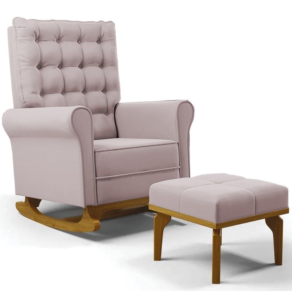 Poltrona de Amamentação Balanço e Puff Base de Madeira Brenda G05 Veludo Rosê - Mpozenato