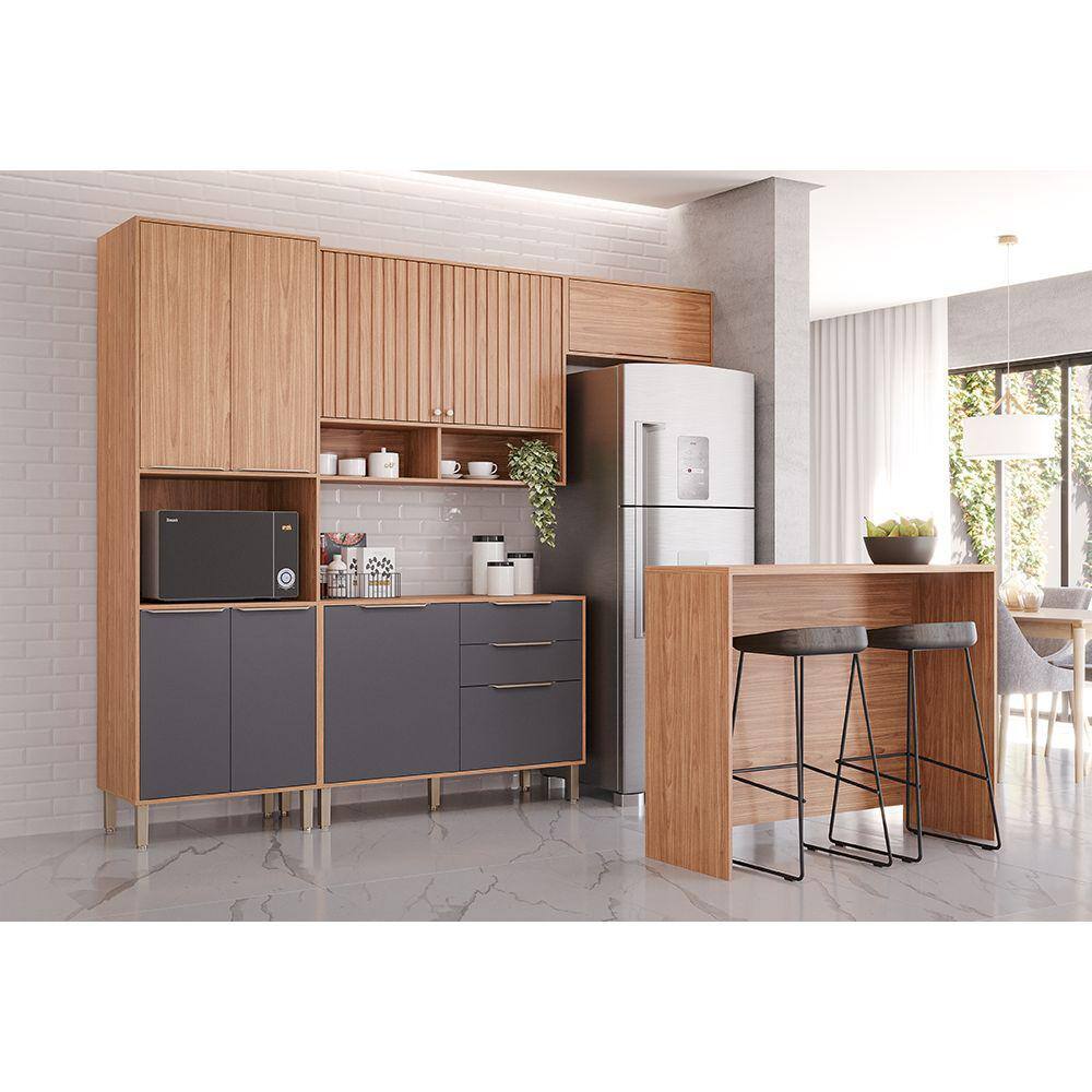 Cozinha Modulada 05 Peças 09 Portas 02 Gavetas com Bancada Gourmet Divina Freijó Titânio MGM