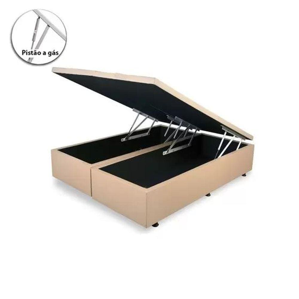 Cama Box Baú Queen Bipartido Blindado Linhão Bege Com Pistão A Gás