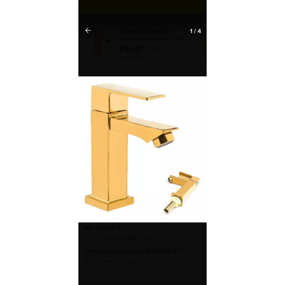 Torneira De Banheiro Lavabo Luxo Metal Dourada Banhada a  Ouro 18 k Moderna