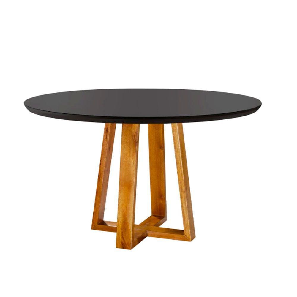 Mesa de Jantar Redonda Natalle 100cm Madeira Maciça e Tampo com Vidro Preto Stellar