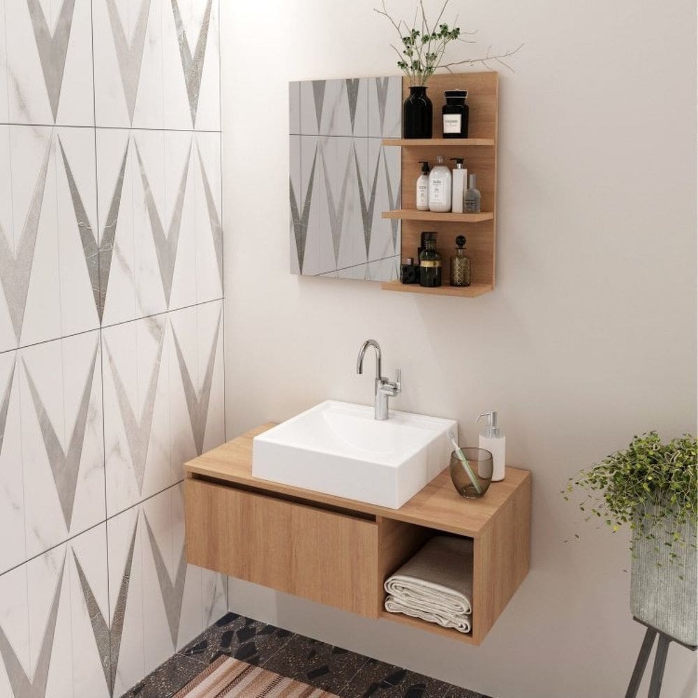 Conjunto Suspenso para Banheiro com Espelheira 80cm Marrom