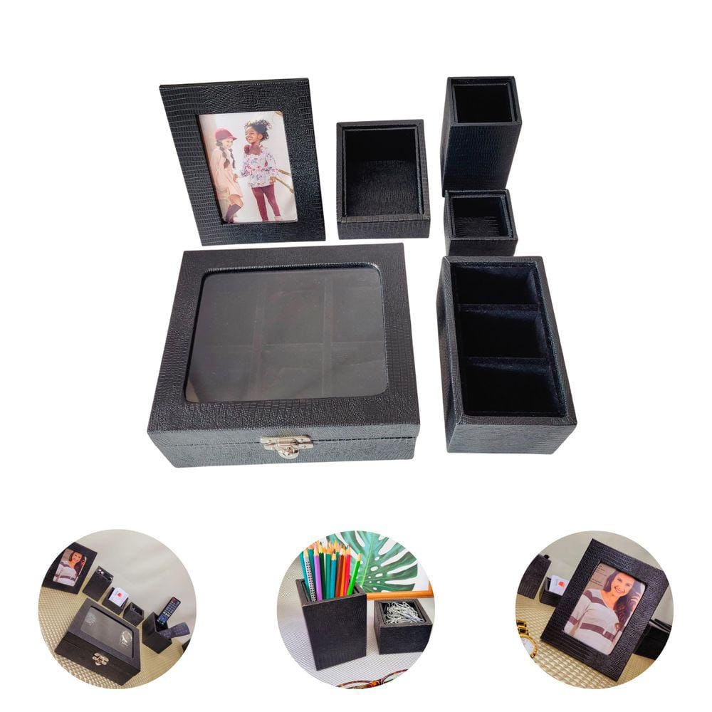 Kit Organizador 5 Peças Caixa Relógio 6 Div Porta Retrato Sintético Porta Objetos Controle Chaves