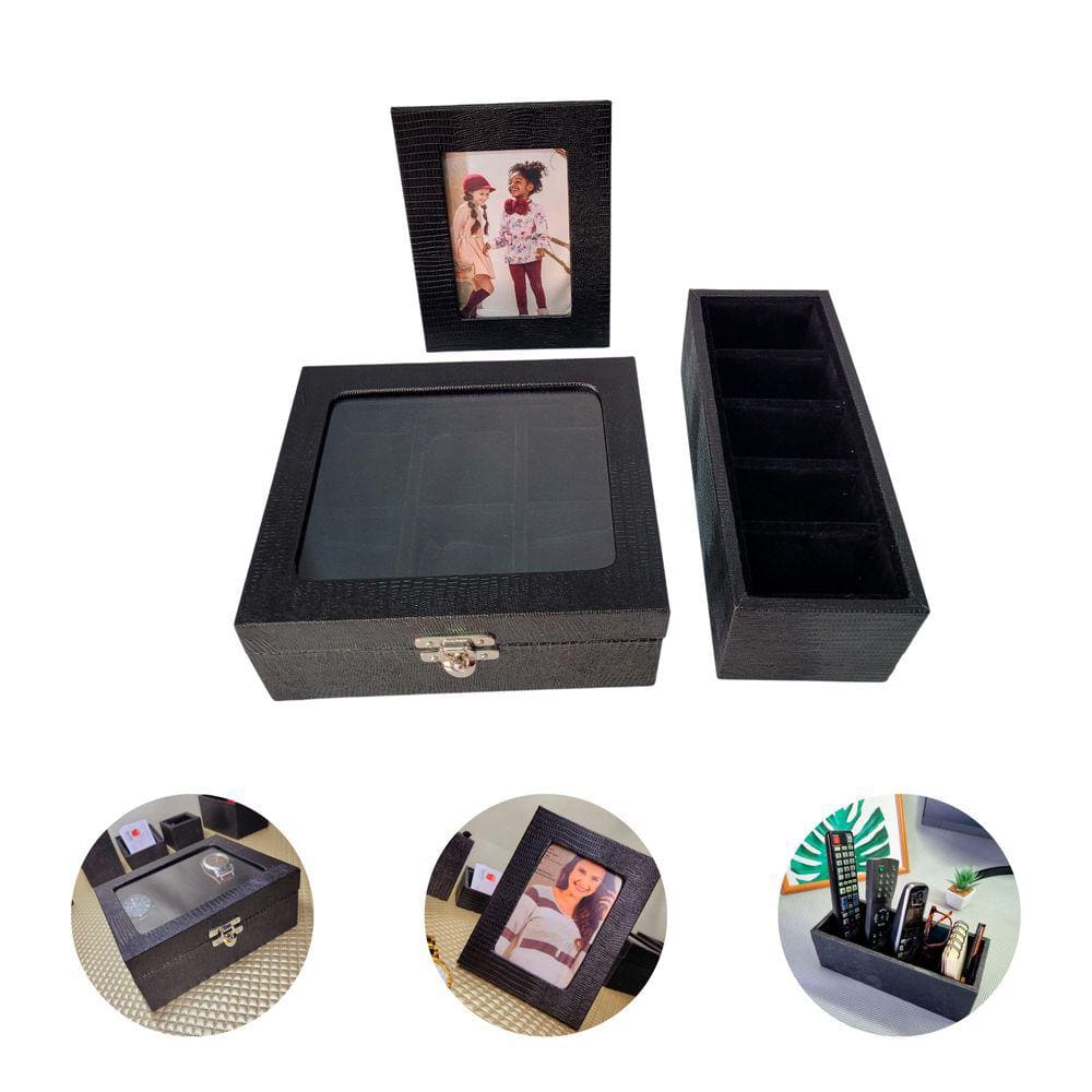 Kit Organizador 3 Peças Caixa Relógio 6 Div Porta Retrato Sintético Porta Objetos Controle Chaves 5