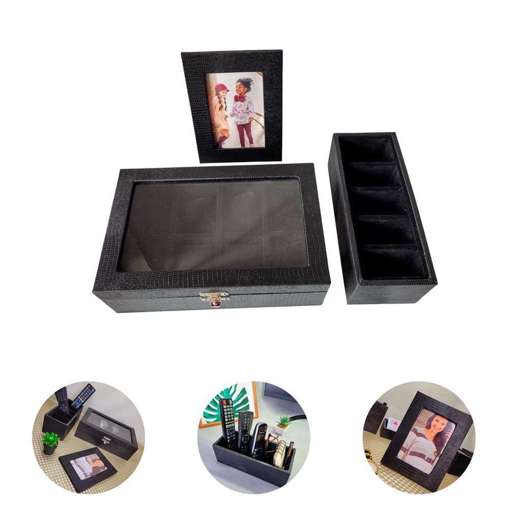 Kit Organizador 3 Peças Caixa Relógio 8 Div Porta Retrato Sintético Porta Objetos Controle Chaves 5