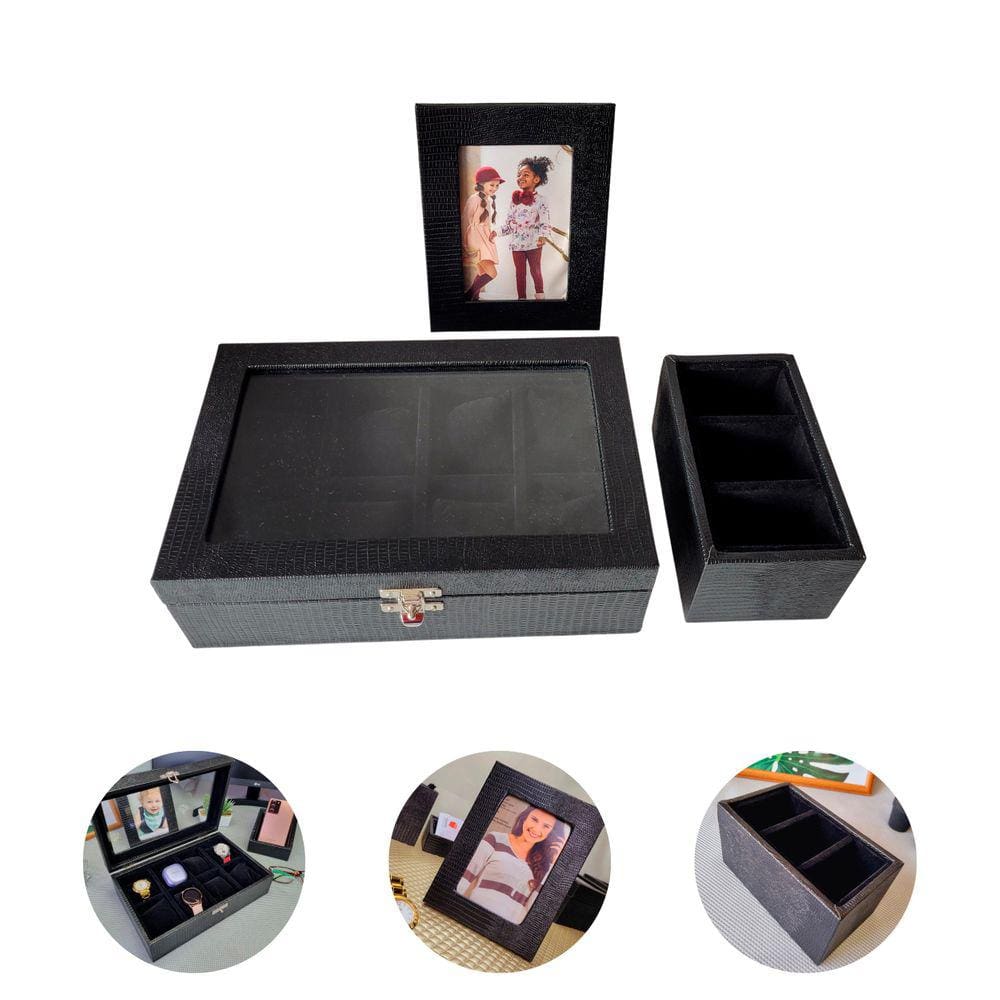 Kit Organizador 3 Peças Caixa Relógio 8 Divisórias Porta Retrato Sintético Porta Objetos Controle