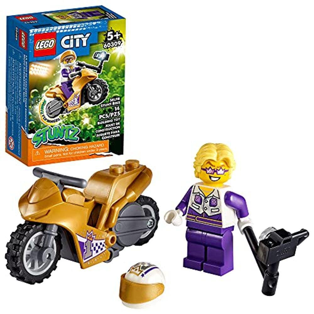 Kit de construção LEGO City Selfie Stunt Bike 60309; divertido brinquedo de bicicleta acrobática com bastão de selfie para crianças (14 peças)