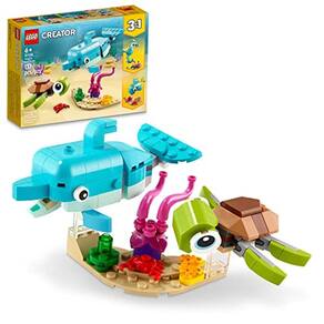 Kit de montagem LEGO Creator 3 em 1 Dolphin and Turtle 31128; apresenta um golfinho bebê e uma tartaruga marinha bebê; presente criativo para crianças
