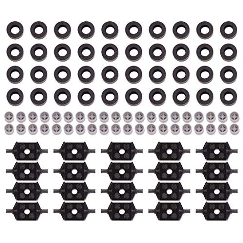 Peças e peças LEGO: pneu preto 14x9mm, roda cinza claro, pacote de suporte de rodas pretas 2x2 - 100 peças