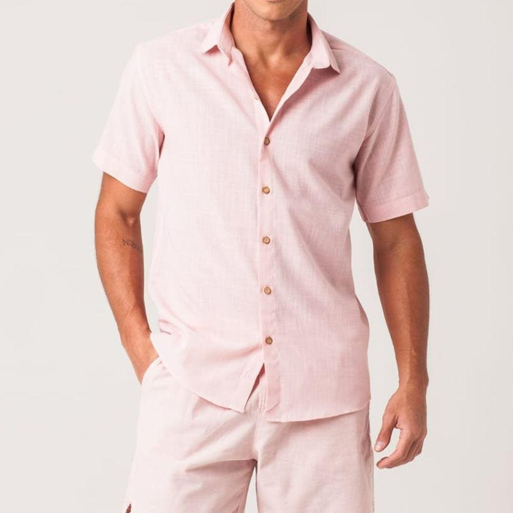 Camisa Masculina Slim Flamê Manga Curta Rosa Zune