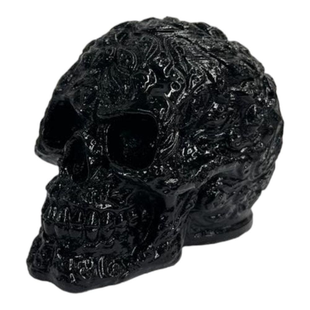 Escultura Crânio Relevos Preto em Resina