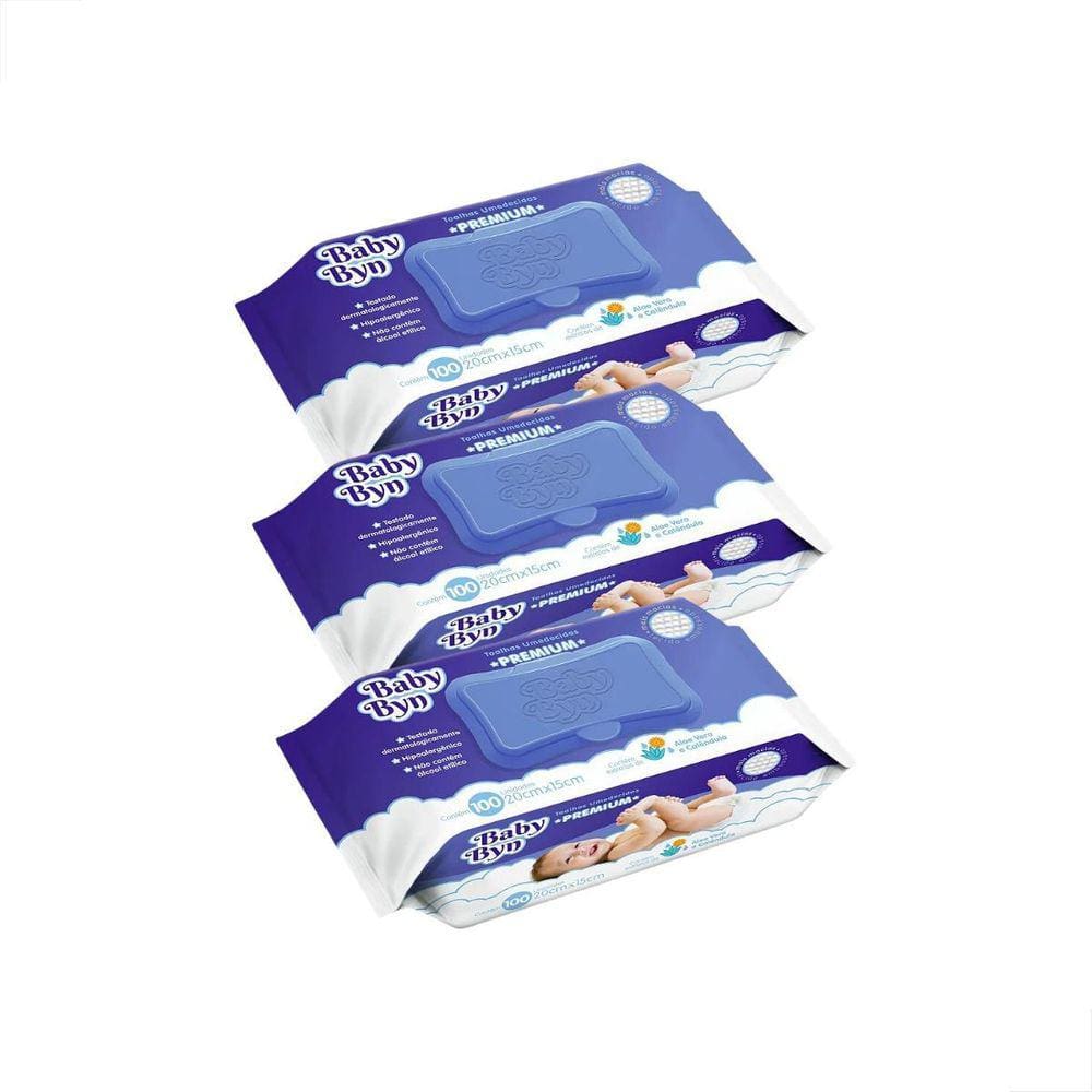 Kit Lenços Umedecidos Baby Byn Premium 300 Toalinhas Macias
