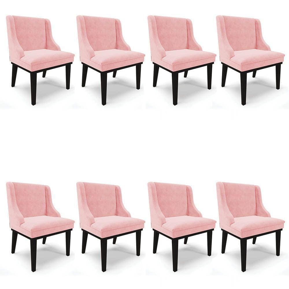 Kit 8 Cadeiras Estofadas Para Sala De Jantar Base Fixa De Madeira Preto Lia Suede Rosa Bebê - Ibiza