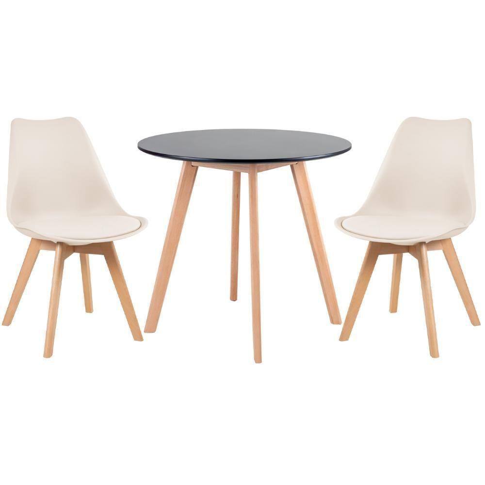 Mesa Redonda 80cm Preto + 2 Cadeiras Creme