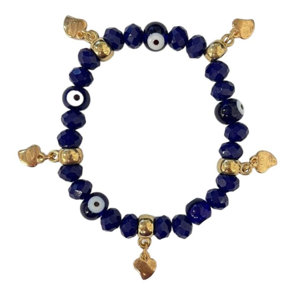 Pulseira Olho Grego Azul Pingentes Dourados Cristal Silicone