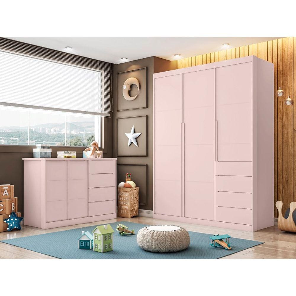 Jogo de quarto Pérola com guarda roupa 3 portas e 4 gavetas + cômoda 2 portas e 4 gavetas - Rosê - Phoenix Baby