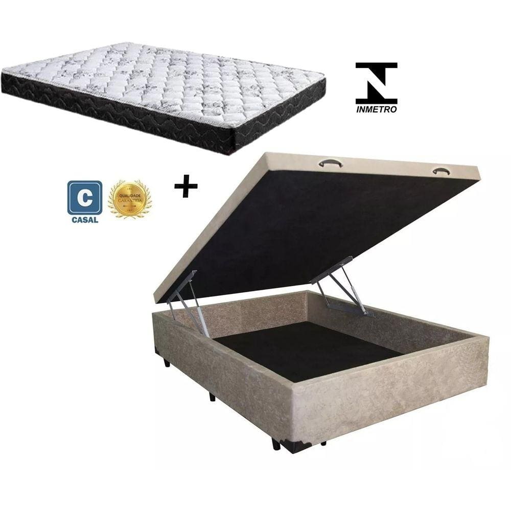 Cama Box Baú Casal Conforto Suede Bege + Colchão Casal Conforto Espuma D33 14x138x188