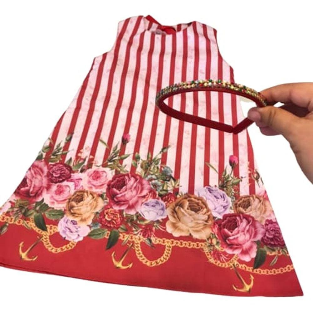 Vestido Listras Rosas Vermelhas Luxo